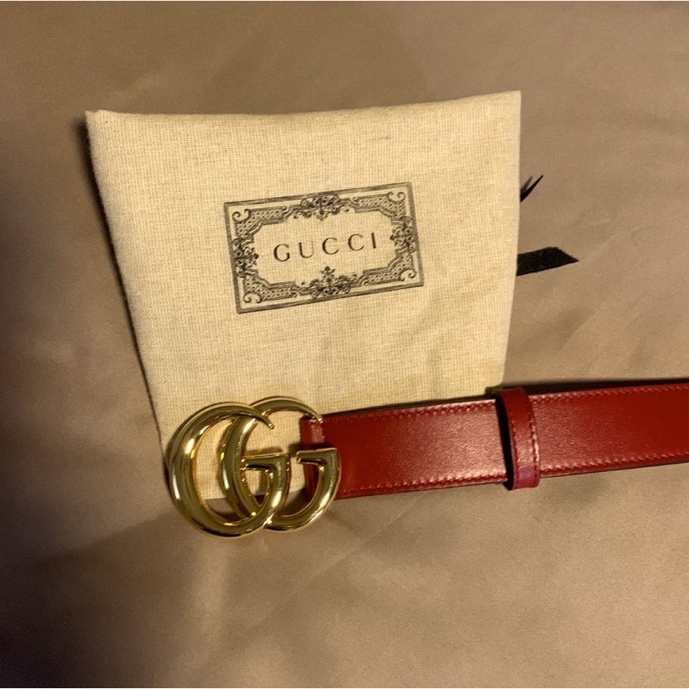 Gucci Crimson Leather Belt with Gold GG Buckle size 80